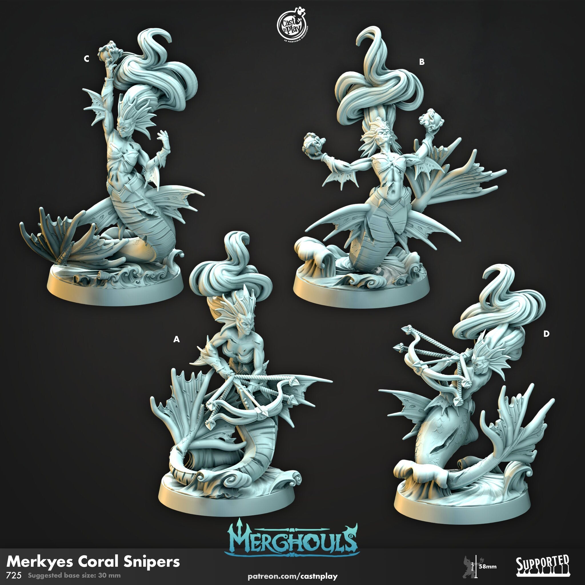 Merghoul "Merkyes Coral Snipers" | 12K Print | Dungeons and Dragons | DnD | Pathfinder | TTRPG | Wargaming | Warhammer | 28-32 mm-Role Playing Miniatures